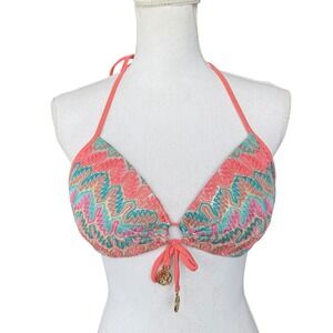 Luli Fama Womens Coral Lace Embroidered Halter Bikini Top Gold Charms Small